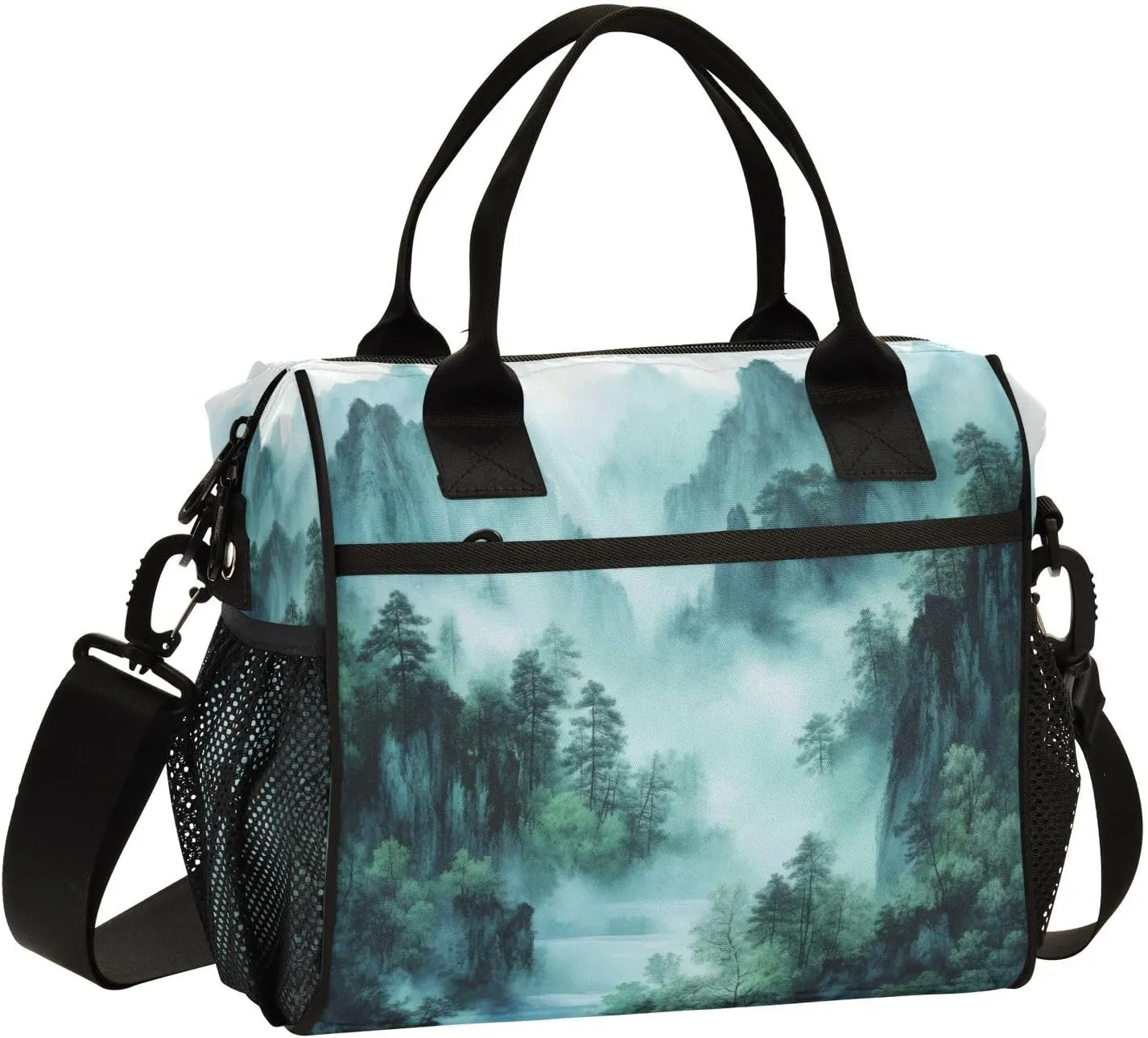 Lunch Bags Smoky Green Mountains Insulated Reusable Lunch Box Large Leakproof Adult Lunch Cooler Bag with Adjustable Shoulder Strap for Picnic, Work, Camping,Medium