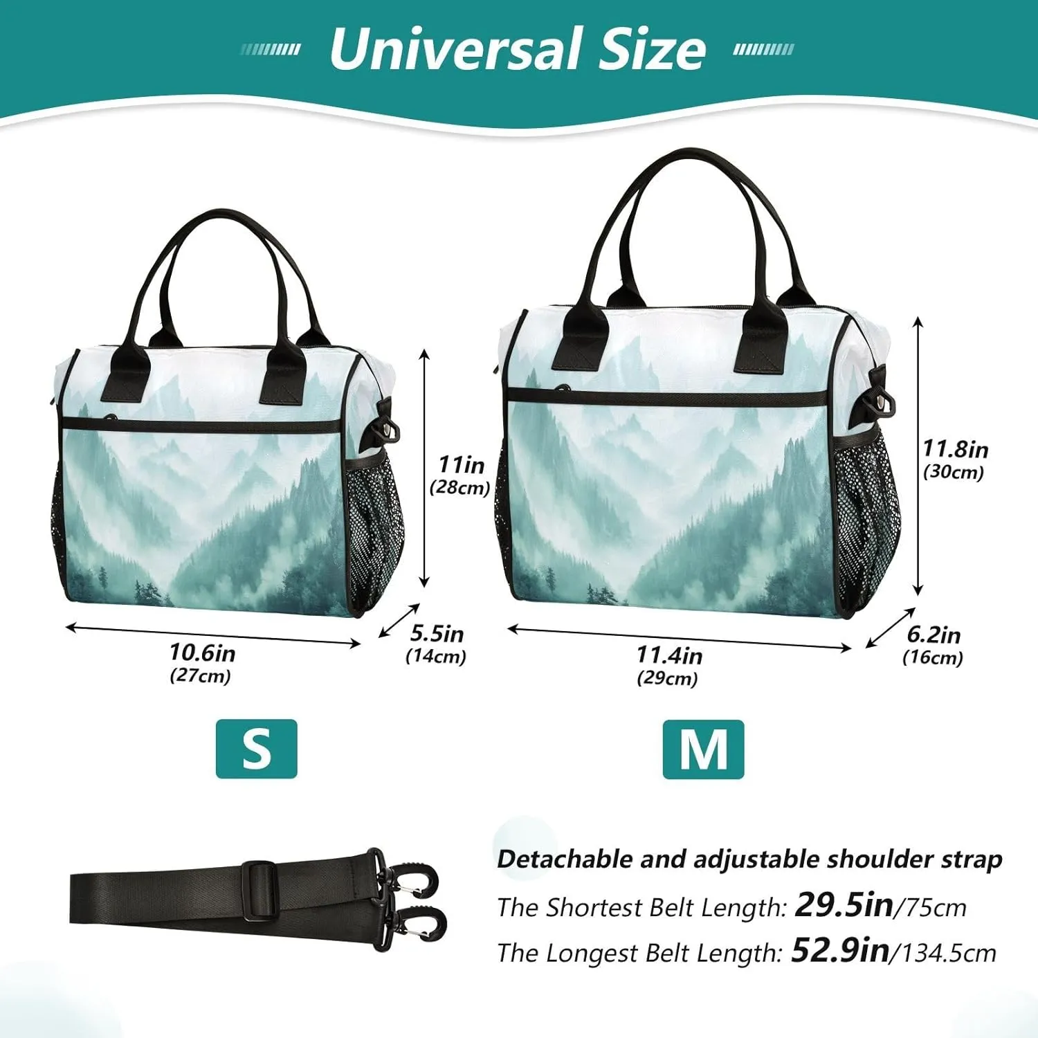Lunch Bags Smoky Green Mountains Insulated Reusable Lunch Box Large Leakproof Adult Lunch Cooler Bag with Adjustable Shoulder Strap for Picnic, Work, Camping,Medium