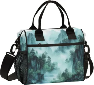 Lunch Bags Smoky Green Mountains Insulated Reusable Lunch Box Large Leakproof Adult Lunch Cooler Bag with Adjustable Shoulder Strap for Picnic, Work, Camping,Medium