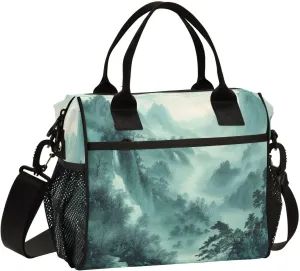 Lunch Bags Smoky Green Mountains Insulated Reusable Lunch Box Large Leakproof Adult Lunch Cooler Bag with Adjustable Shoulder Strap for Picnic, Work, Camping,Medium