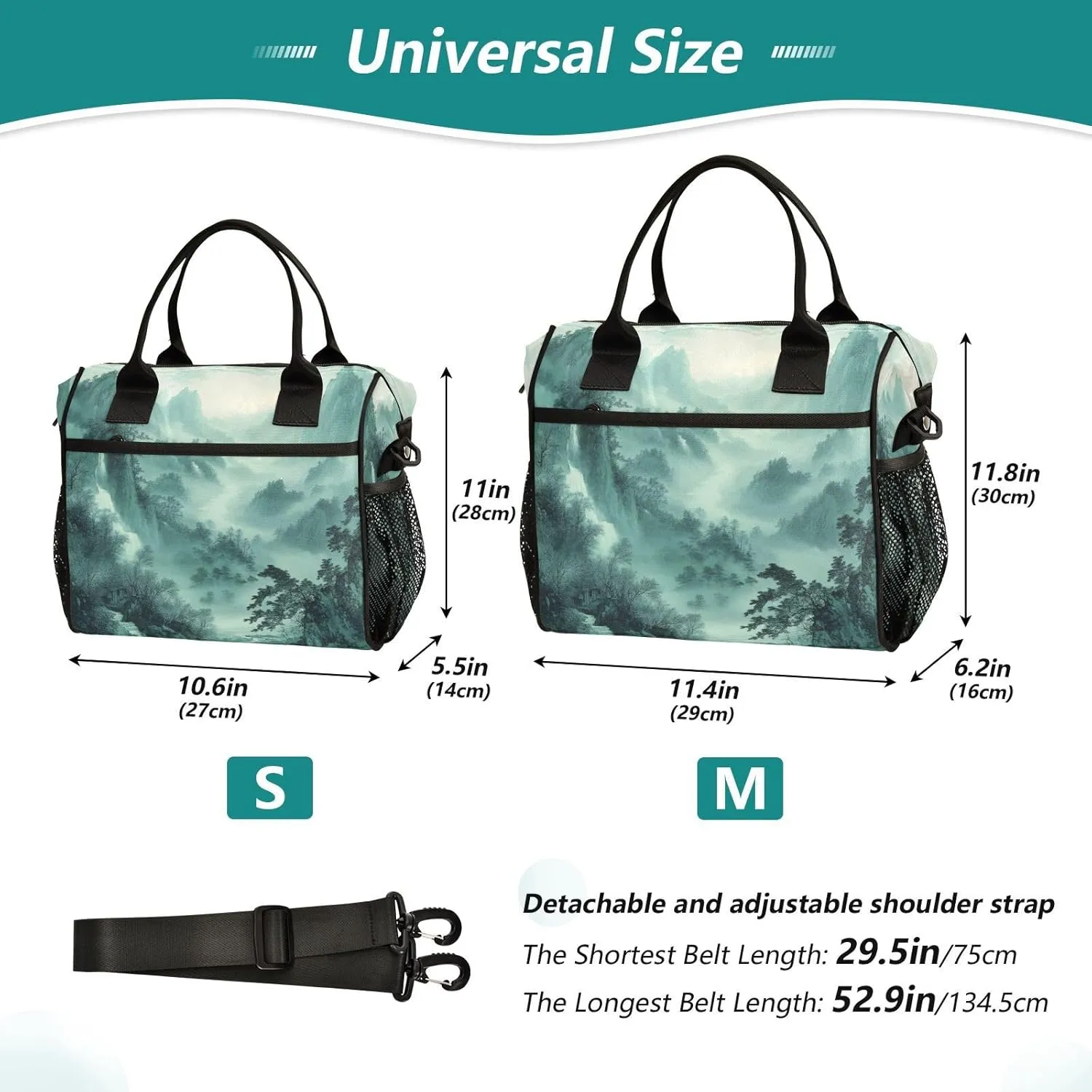 Lunch Bags Smoky Green Mountains Insulated Reusable Lunch Box Large Leakproof Adult Lunch Cooler Bag with Adjustable Shoulder Strap for Picnic, Work, Camping,Medium