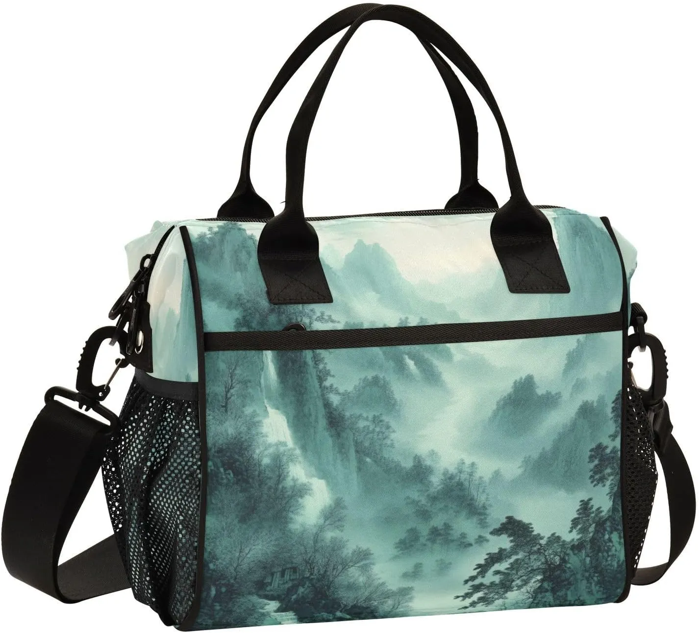 Lunch Bags Smoky Green Mountains Insulated Reusable Lunch Box Large Leakproof Adult Lunch Cooler Bag with Adjustable Shoulder Strap for Picnic, Work, Camping,Medium