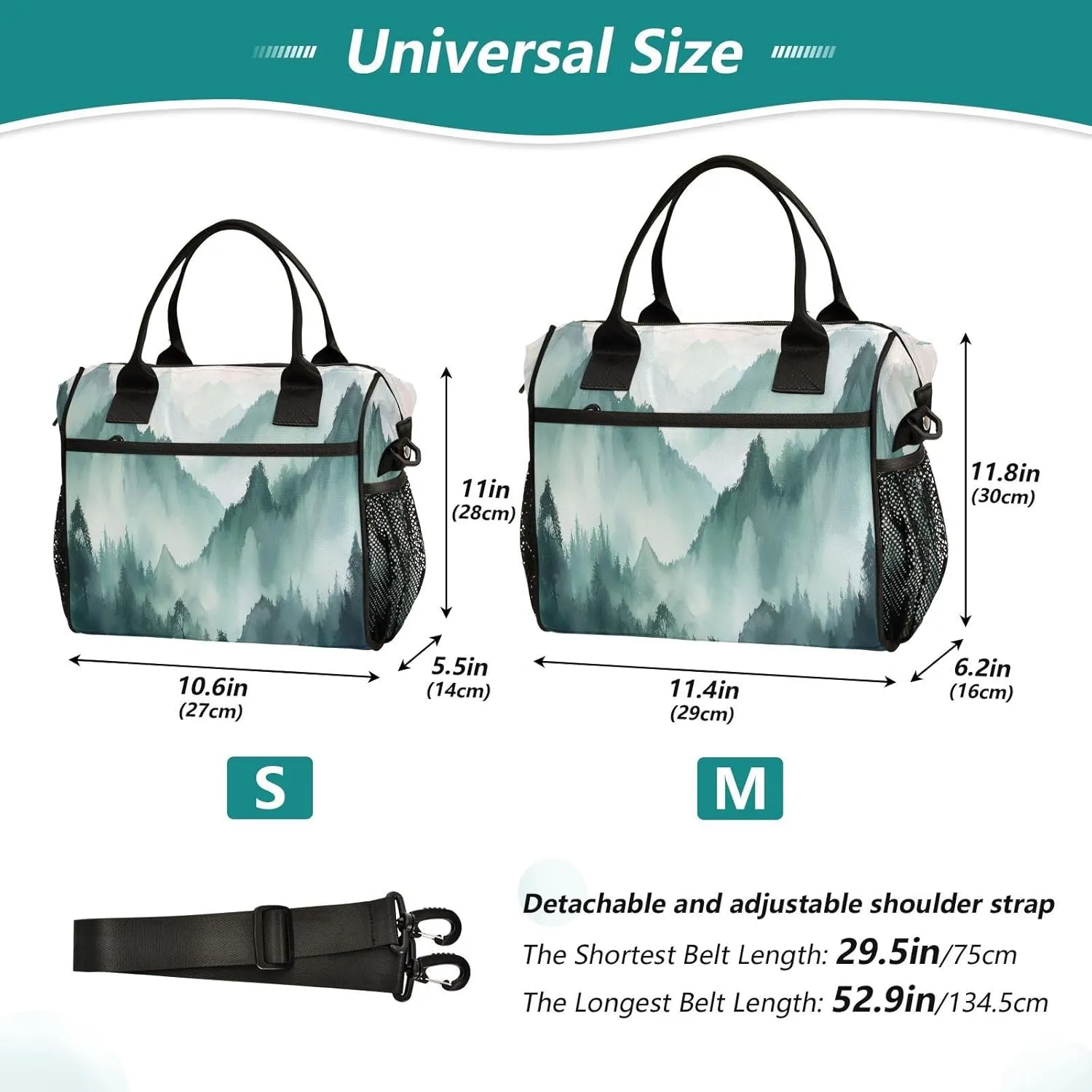 Lunch Bags Smoky Green Mountains Insulated Reusable Lunch Box Large Leakproof Adult Lunch Cooler Bag with Adjustable Shoulder Strap for Picnic, Work, Camping,Medium