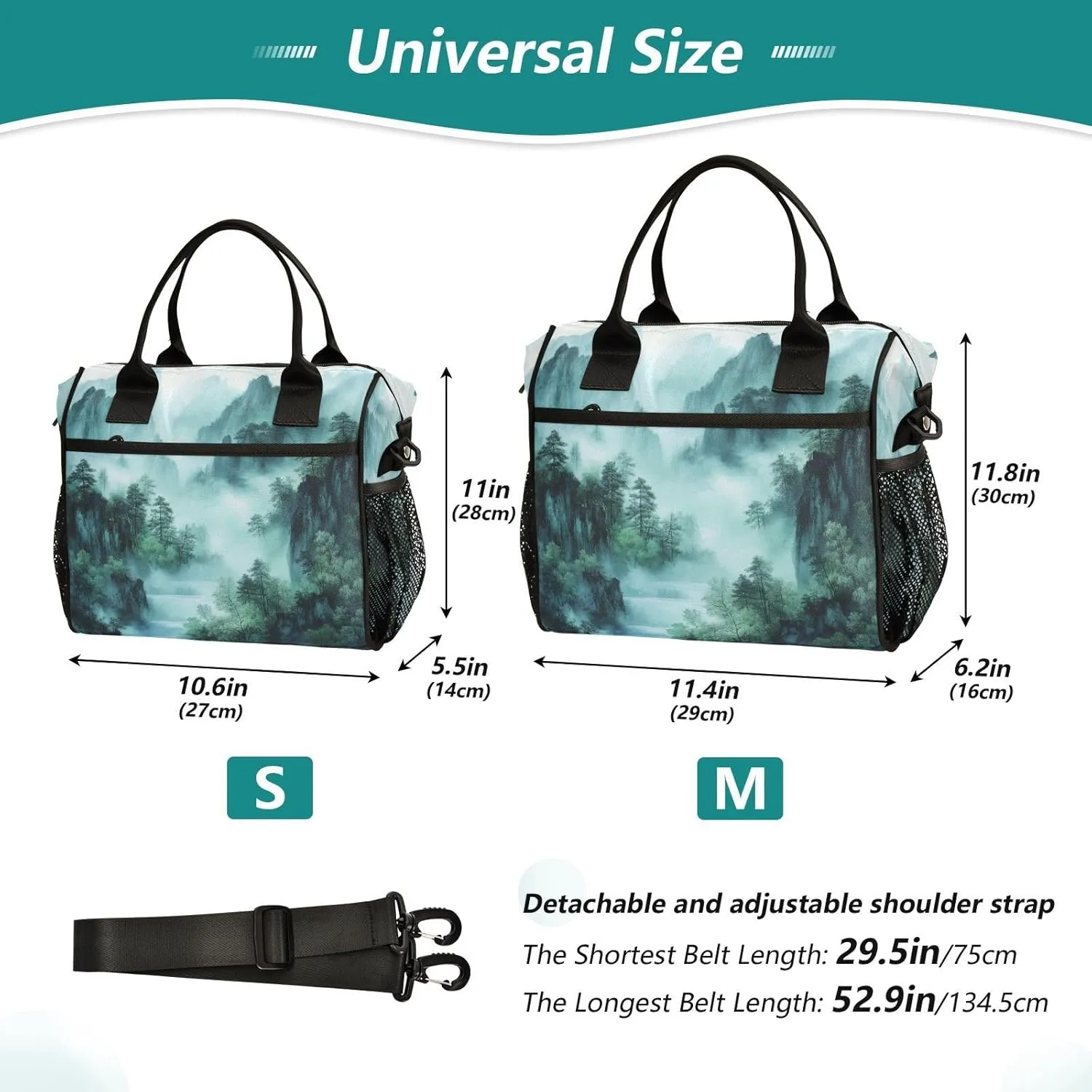 Lunch Bags Smoky Green Mountains Insulated Reusable Lunch Box Large Leakproof Adult Lunch Cooler Bag with Adjustable Shoulder Strap for Picnic, Work, Camping,Medium