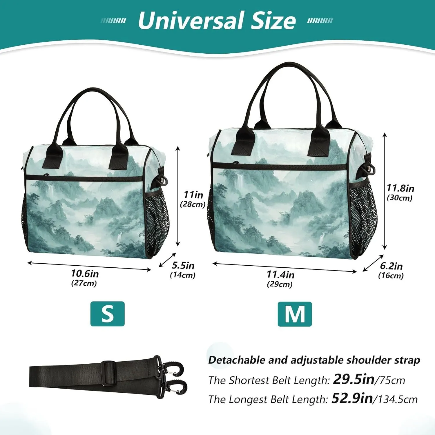 Lunch Bags Smoky Green Mountains Insulated Reusable Lunch Box Large Leakproof Adult Lunch Cooler Bag with Adjustable Shoulder Strap for Picnic, Work, Camping,Small