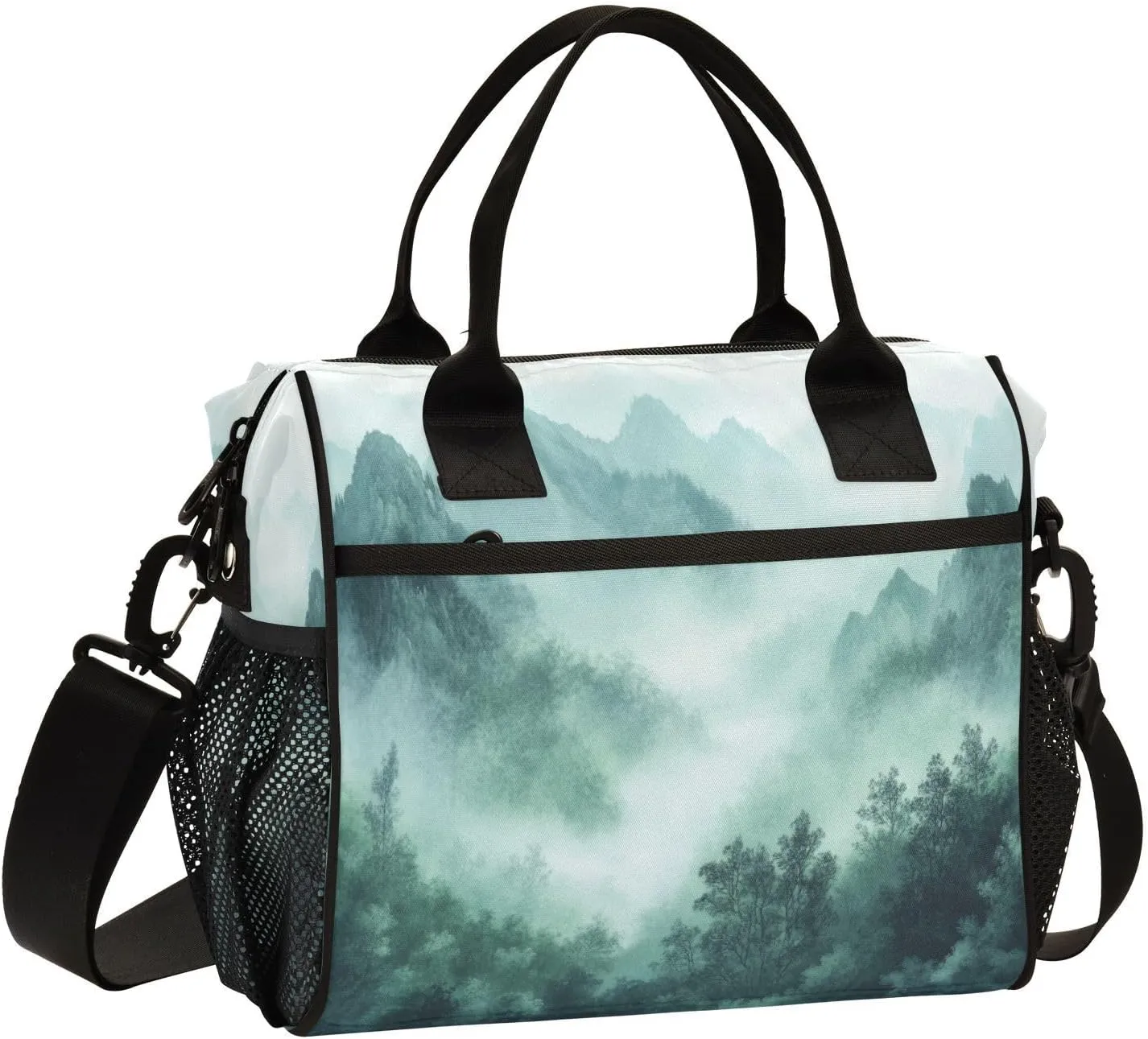 Lunch Bags Smoky Green Mountains Insulated Reusable Lunch Box Large Leakproof Adult Lunch Cooler Bag with Adjustable Shoulder Strap for Picnic, Work, Camping,Small