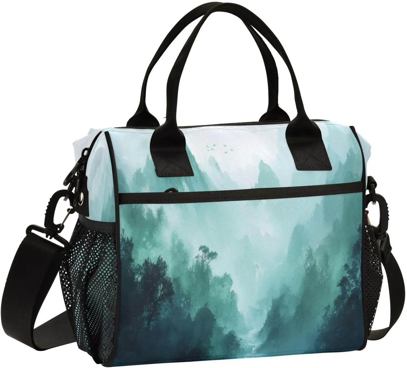 Lunch Bags Smoky Green Mountains Insulated Reusable Lunch Box Large Leakproof Adult Lunch Cooler Bag with Adjustable Shoulder Strap for Picnic, Work, Camping,Small