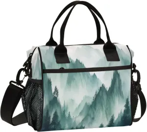 Lunch Bags Smoky Green Mountains Insulated Reusable Lunch Box Large Leakproof Adult Lunch Cooler Bag with Adjustable Shoulder Strap for Picnic, Work, Camping,Small