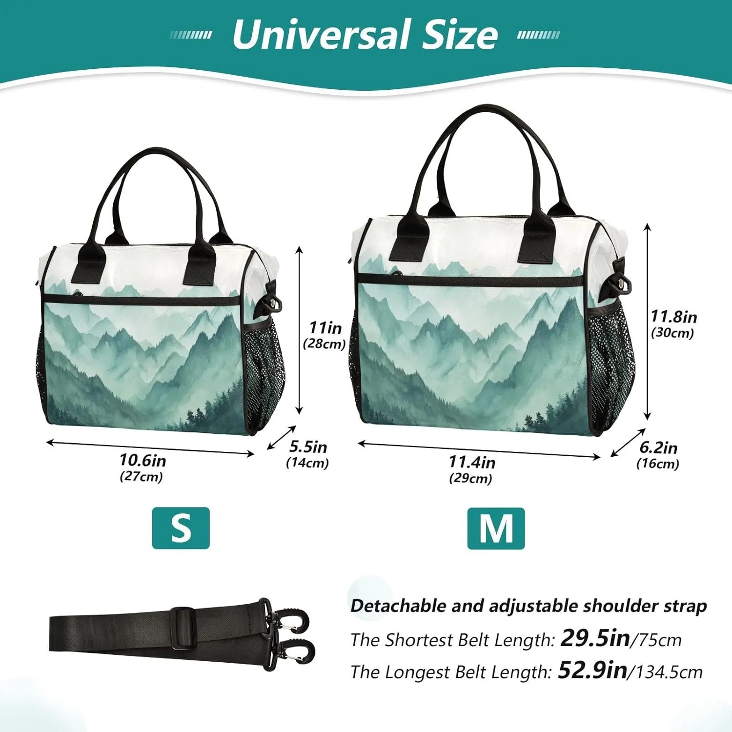 Lunch Bags Smoky Green Mountains Insulated Reusable Lunch Box Large Leakproof Adult Lunch Cooler Bag with Adjustable Shoulder Strap for Picnic, Work, Camping,Small