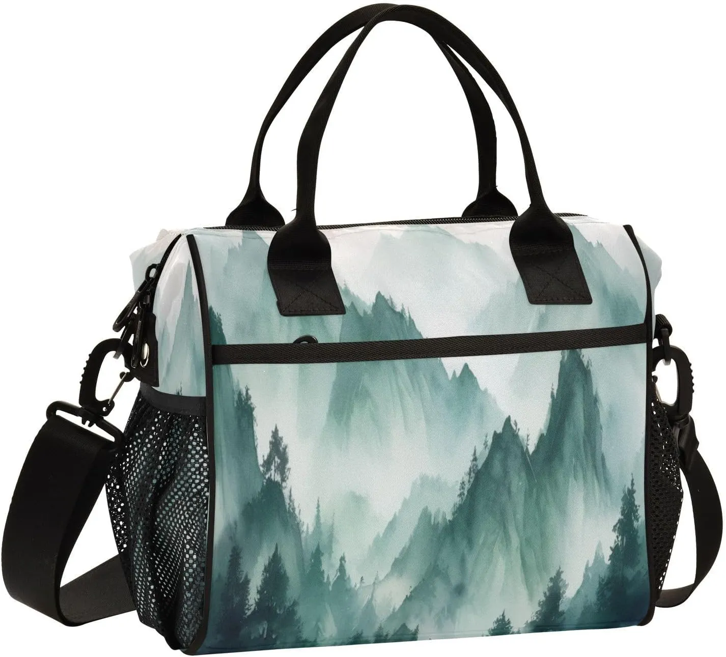 Lunch Bags Smoky Green Mountains Insulated Reusable Lunch Box Large Leakproof Adult Lunch Cooler Bag with Adjustable Shoulder Strap for Picnic, Work, Camping,Small