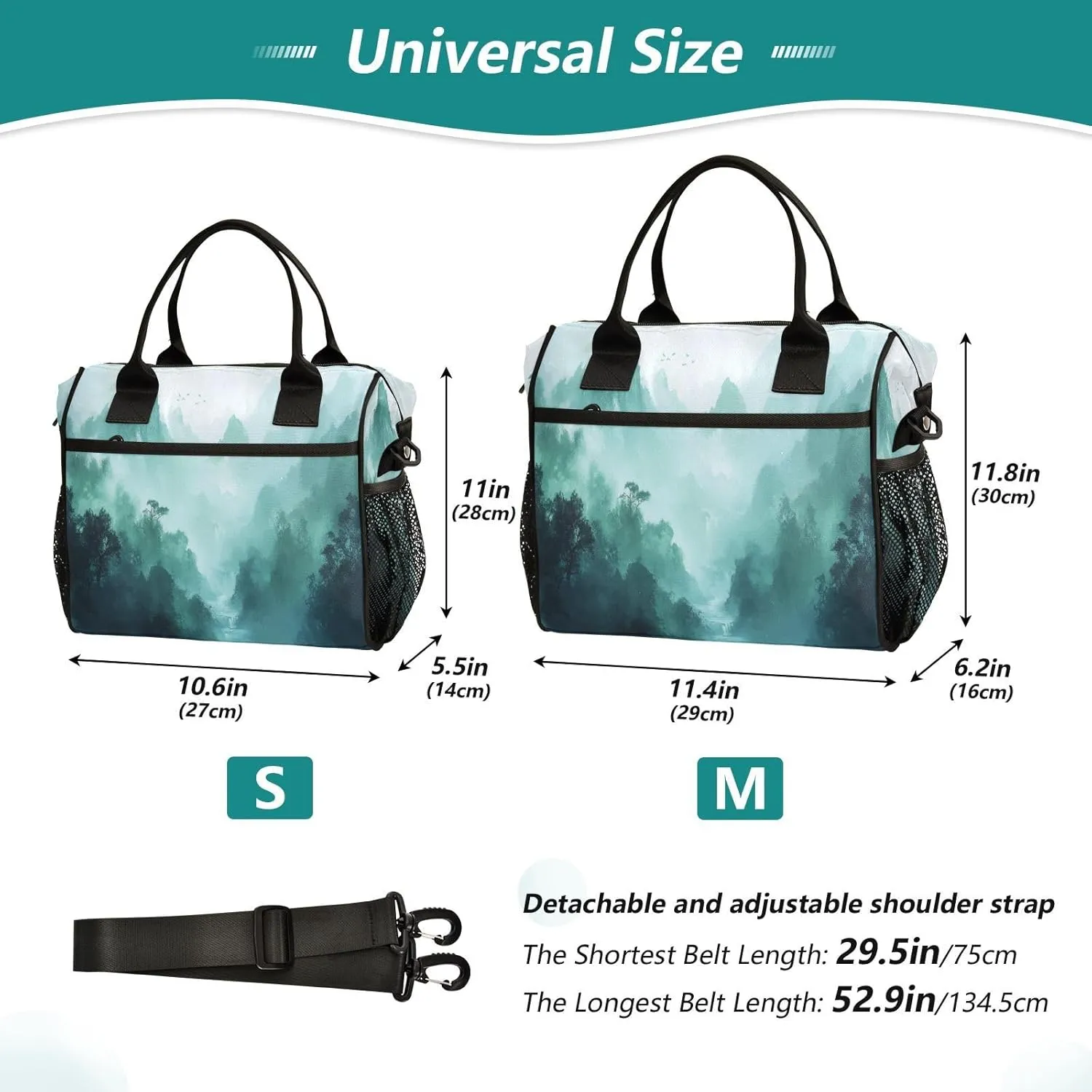 Lunch Bags Smoky Green Mountains Insulated Reusable Lunch Box Large Leakproof Adult Lunch Cooler Bag with Adjustable Shoulder Strap for Picnic, Work, Camping,Small