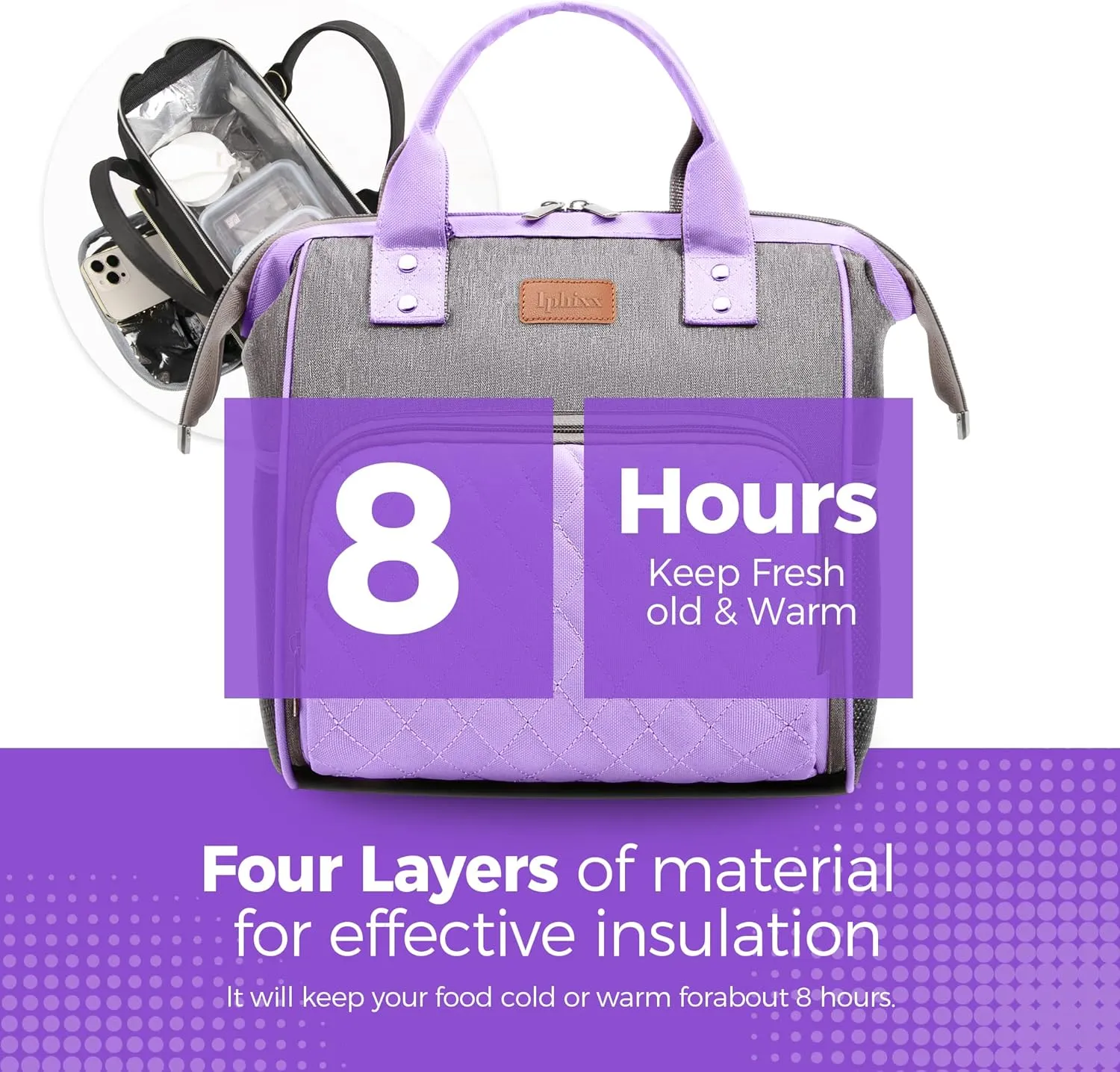 Lunch Bags Women - Insulated Womens Lunch Bag - Leakproof Large Lunch Bag with Adjustable Shoulder Strap, Lunch Box for Women Adults with Side Pockets for Work, Office, Picnic With 8 Ice Packs(Purple)