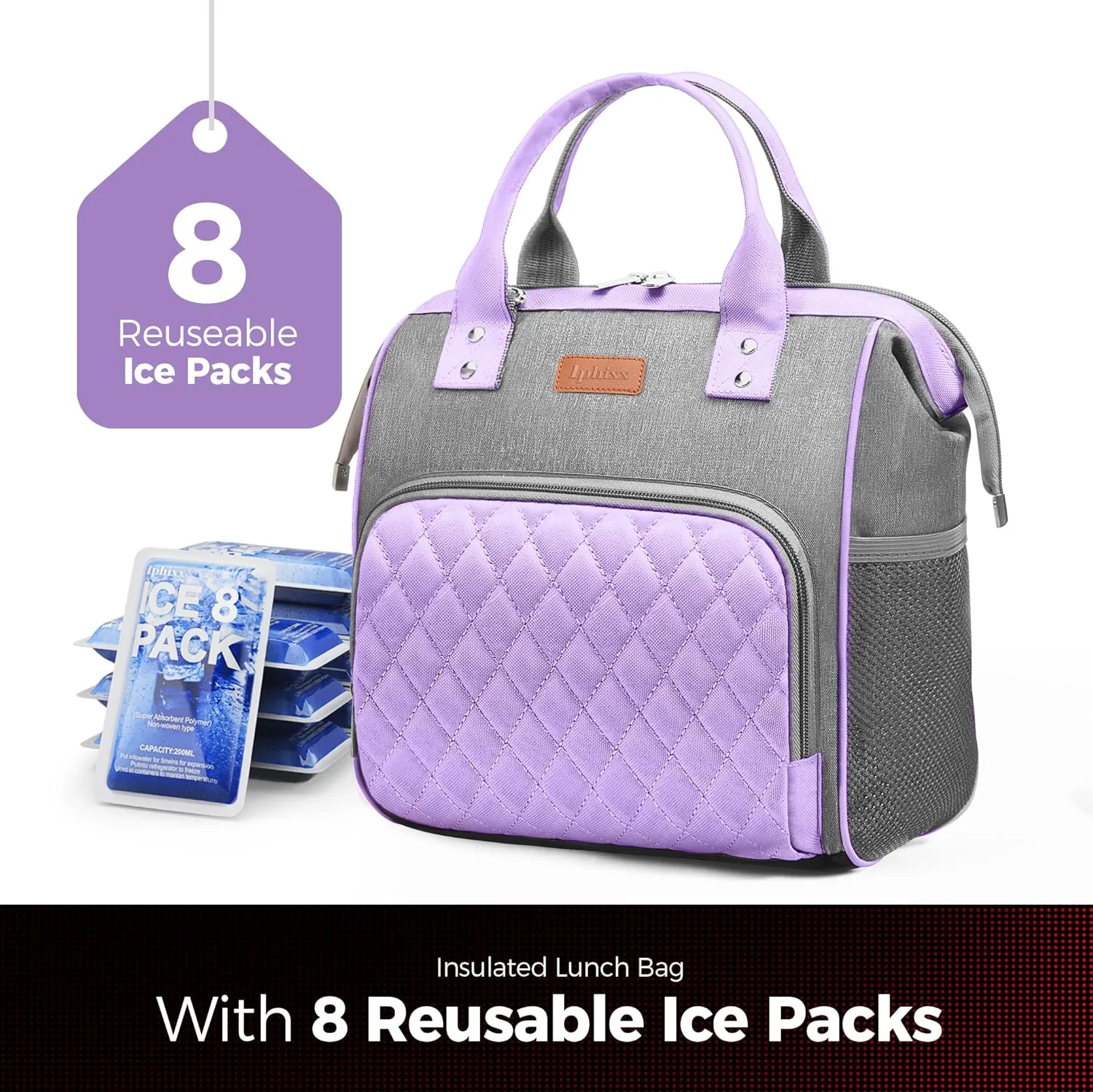 Lunch Bags Women - Insulated Womens Lunch Bag - Leakproof Large Lunch Bag with Adjustable Shoulder Strap, Lunch Box for Women Adults with Side Pockets for Work, Office, Picnic With 8 Ice Packs(Purple)