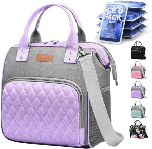Lunch Bags Women - Insulated Womens Lunch Bag - Leakproof Large Lunch Bag with Adjustable Shoulder Strap, Lunch Box for Women Adults with Side Pockets for Work, Office, Picnic With 8 Ice Packs(Purple)