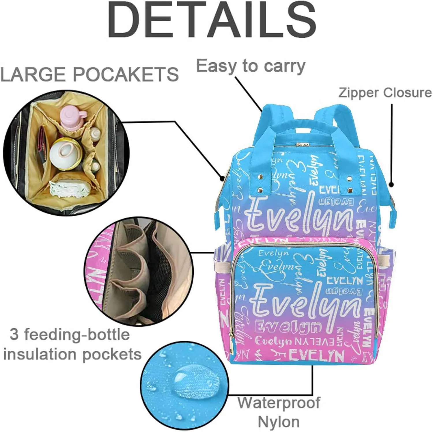 M YESCUSTOM Custom Diaper Bag Backpack for Girls Boys Large Capacity with Pockets Personalized Baby Diaper Bags for Mom Waterproof Nappy Baby Bag with Name Mothers Day Gift Gradient Pink Blue