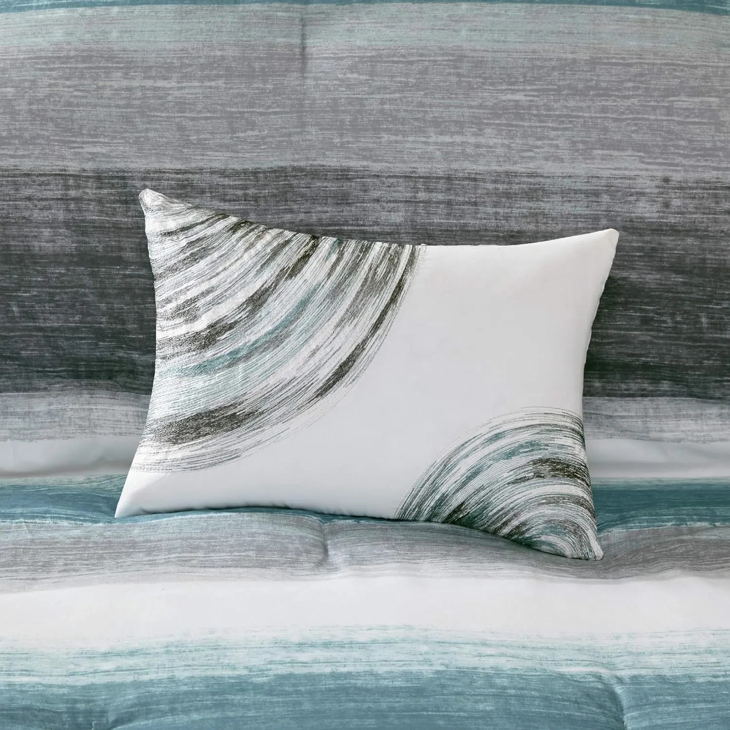 Madison Park Essentials Queen Comforter Set, Bed in a Bag Queen, Watercolor Print Coastal Comforter & Chambray Cotton Sheet Set, All Season Bedding Set, Saben, Aqua Queen (90 in x 90 in) 9 Piece