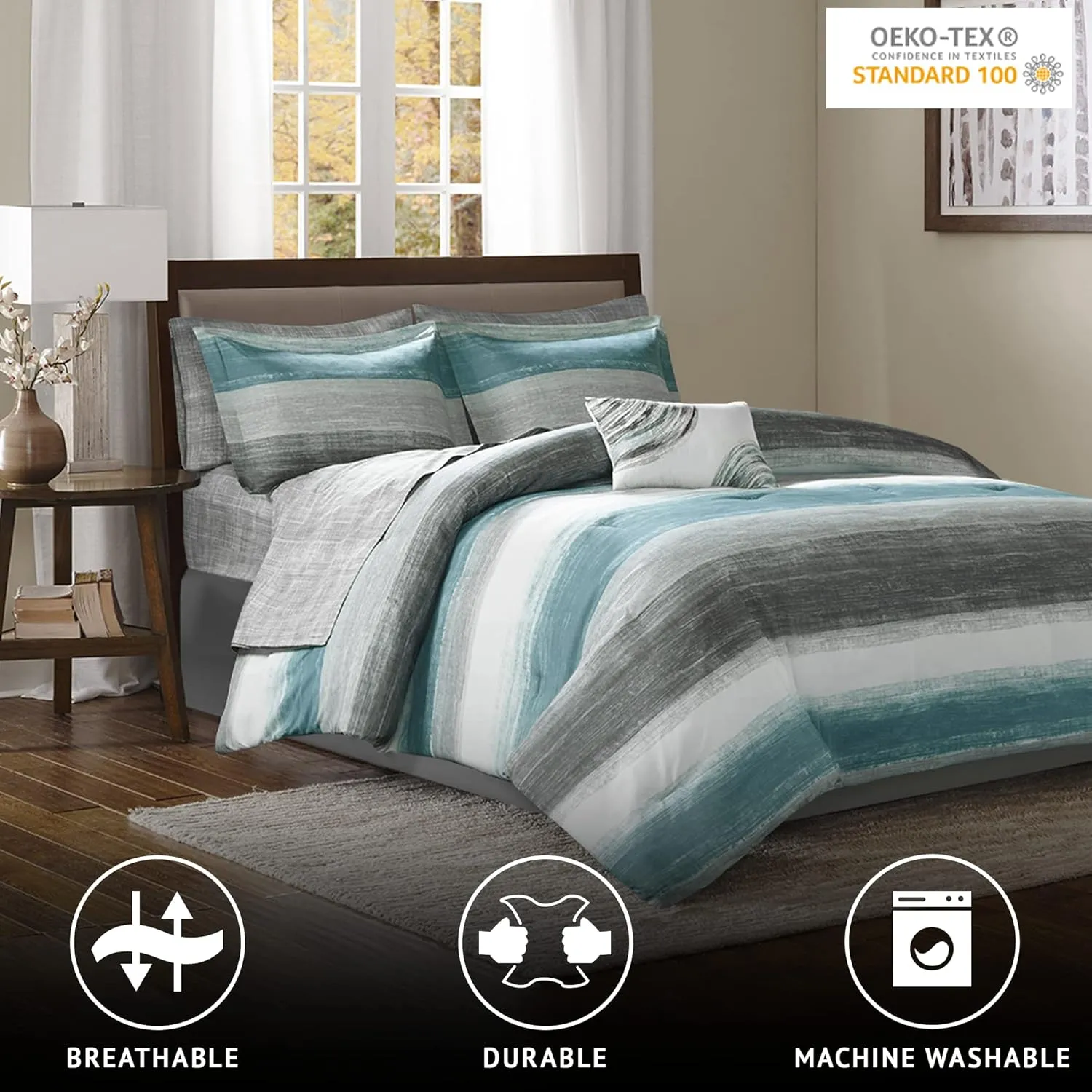 Madison Park Essentials Queen Comforter Set, Bed in a Bag Queen, Watercolor Print Coastal Comforter & Chambray Cotton Sheet Set, All Season Bedding Set, Saben, Aqua Queen (90 in x 90 in) 9 Piece