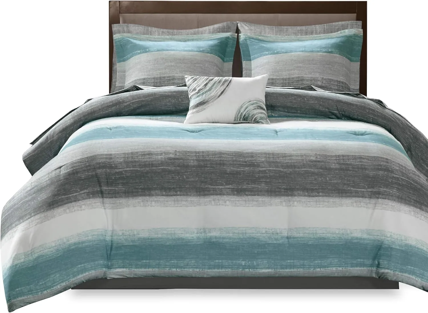 Madison Park Essentials Queen Comforter Set, Bed in a Bag Queen, Watercolor Print Coastal Comforter & Chambray Cotton Sheet Set, All Season Bedding Set, Saben, Aqua Queen (90 in x 90 in) 9 Piece
