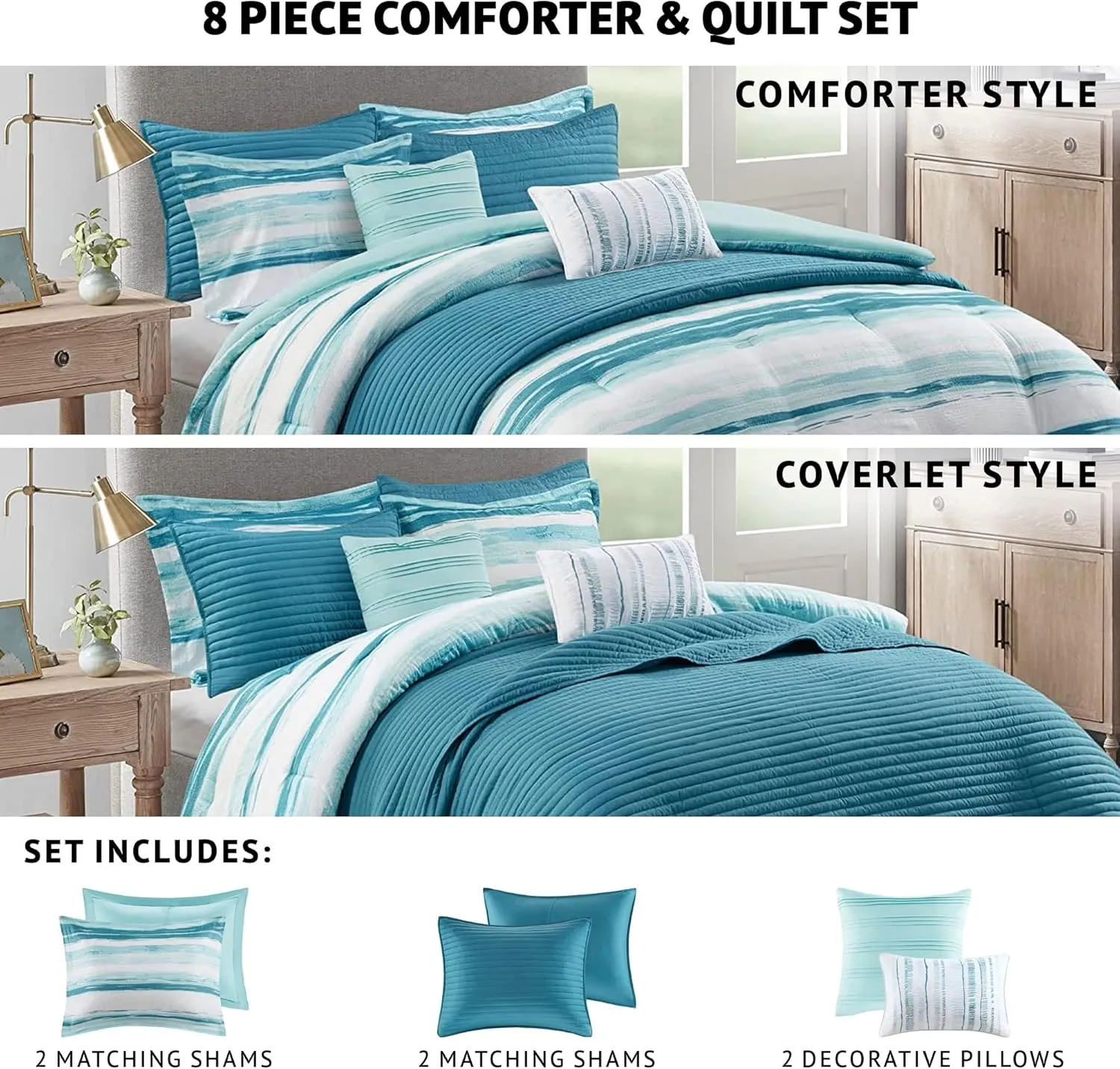 Madison Park Marina Comforter Quilt Combo Set - Modern Luxury Design, All Season Down Alternative Bedding, Matching Shams, Decorative Pillows, Full/Queen(90"x90"), Aqua 8 Piece