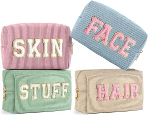 MAGEFY 4 Pcs Small Makeup Bag Corduroy Cosmetic Bag for Women Preppy Makeup Bags Cute Chenille Letter Aesthetic Stuff Gifts (Beige & Blue & Pink & Green)