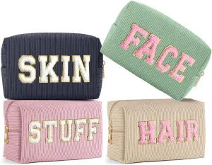 MAGEFY 4 Pcs Small Makeup Bag Corduroy Cosmetic Bag for Women Preppy Makeup Bags Cute Chenille Letter Aesthetic Stuff Gifts (Beige & Dark Grey & Pink & Green)