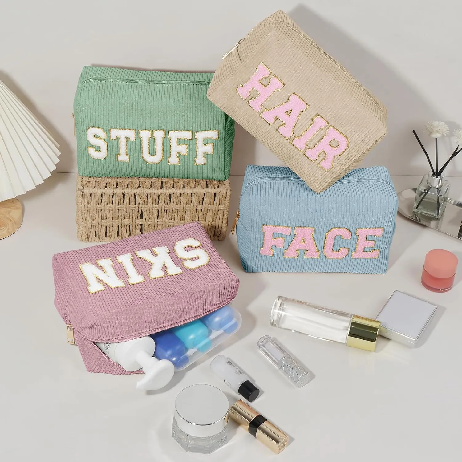 MAGEFY 4 Pcs Small Makeup Bag Corduroy Cosmetic Bag for Women Preppy Makeup Bags Cute Chenille Letter Aesthetic Stuff Gifts (Beige & Dark Grey & Pink & Green)