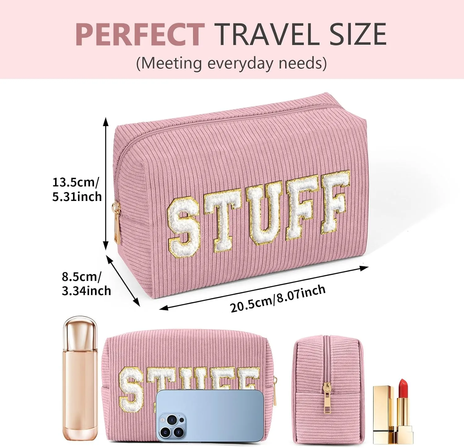 MAGEFY 4 Pcs Small Makeup Bag Corduroy Cosmetic Bag for Women Preppy Makeup Bags Cute Chenille Letter Aesthetic Stuff Gifts (Beige & Dark Grey & Pink & Green)