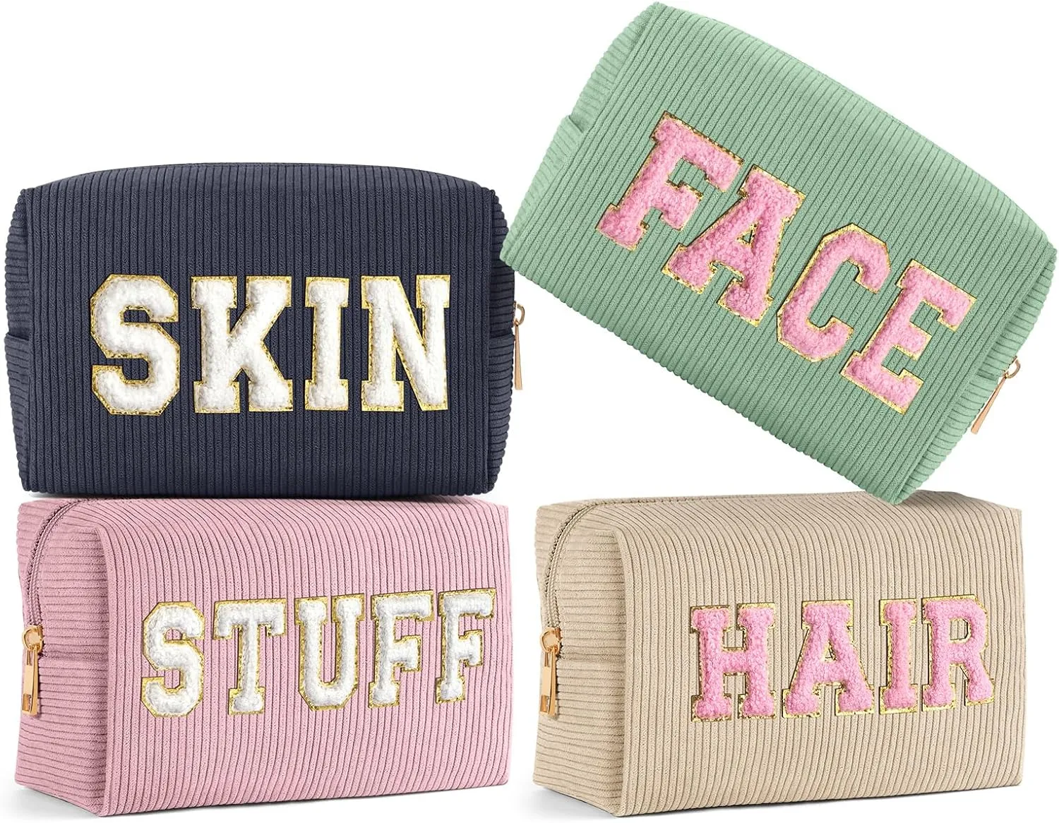 MAGEFY 4 Pcs Small Makeup Bag Corduroy Cosmetic Bag for Women Preppy Makeup Bags Cute Chenille Letter Aesthetic Stuff Gifts (Beige & Dark Grey & Pink & Green)