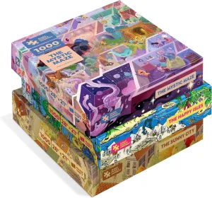 Magic Puzzles 3-Pack • Series One • The Happy Isles, The Mystic Maze, & The Sunny City • 1000 Piece Jigsaw Puzzles from The Magic Puzzle Company