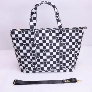 Magical Mouse Black and White Nylon Tote Bags, Summer Travel Bags, Nylon Weekender Bag Chenille Patches