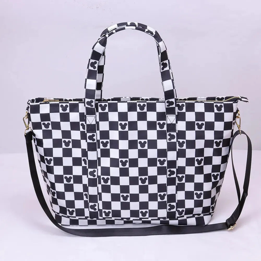 Magical Mouse Black and White Nylon Tote Bags, Summer Travel Bags, Nylon Weekender Bag Chenille Patches