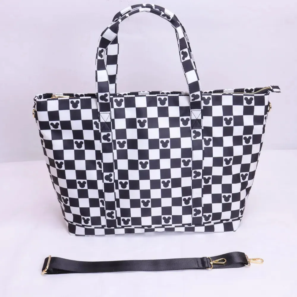 Magical Mouse Black and White Nylon Tote Bags, Summer Travel Bags, Nylon Weekender Bag Chenille Patches