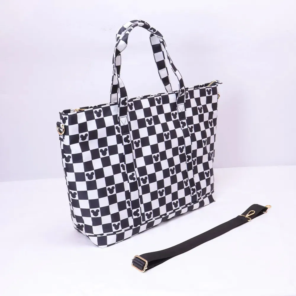 Magical Mouse Black and White Nylon Tote Bags, Summer Travel Bags, Nylon Weekender Bag Chenille Patches