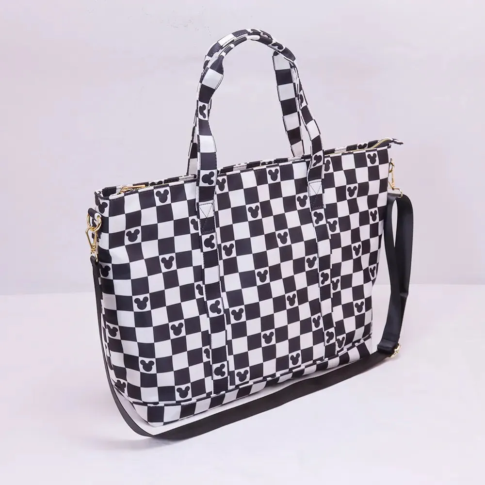 Magical Mouse Black and White Nylon Tote Bags, Summer Travel Bags, Nylon Weekender Bag Chenille Patches
