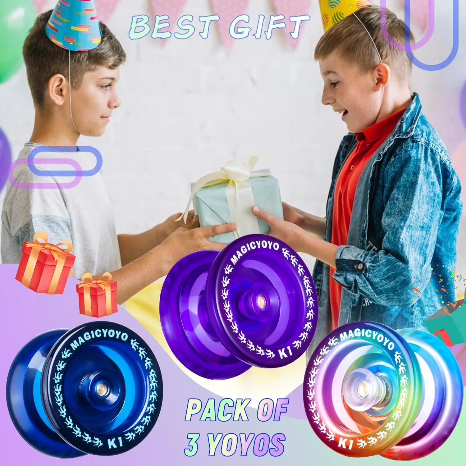 MAGICYOYO Pack of 3 Responsive Yoyos for Kids, Dual Purpose Yoyo with Unresponsive Yoyo Bearing for Adults Beginner, 3 Yoyo Bags, 18 Yoyo Strings, Yoyo Ball Accessories (Gradient Color)