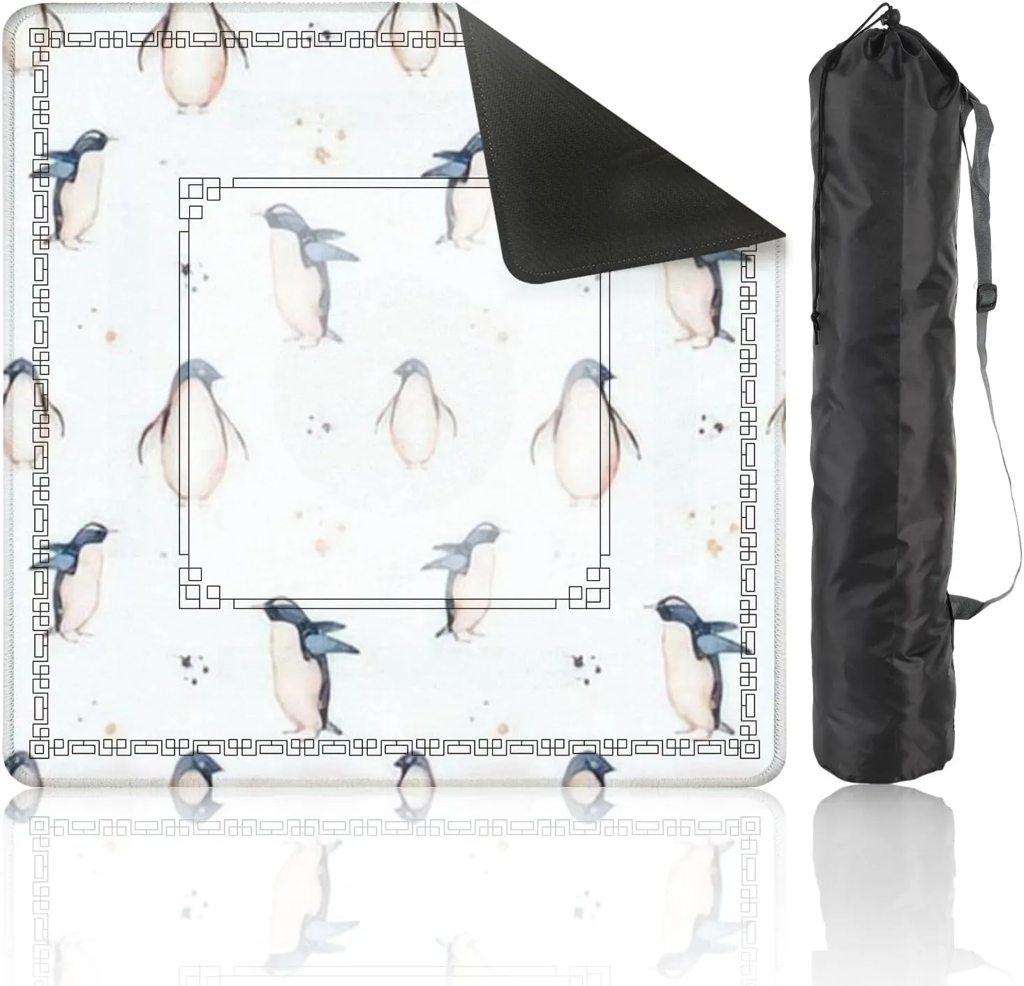 Mahjong Mat 31.5" x 31.5" Penguins Seamless Wave Fish Snowflakes Watercolor Hand Drawn Non-Slip Noise Reduction Table Cover for Mahjong Dominoes Poker Card Board and Tile Games