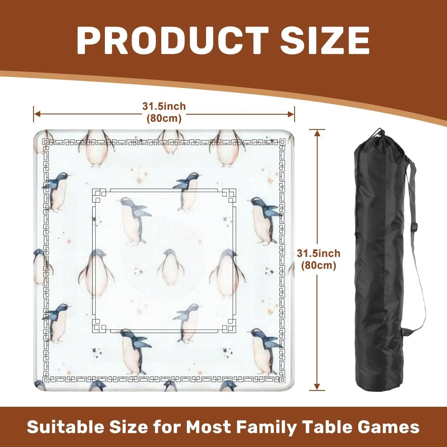 Mahjong Mat 31.5" x 31.5" Penguins Seamless Wave Fish Snowflakes Watercolor Hand Drawn Non-Slip Noise Reduction Table Cover for Mahjong Dominoes Poker Card Board and Tile Games