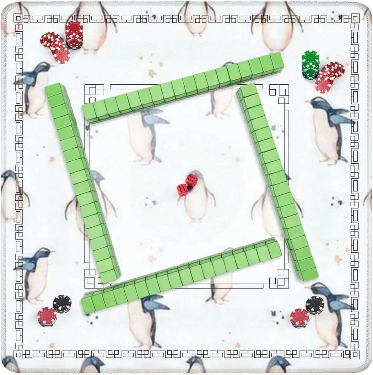 Mahjong Mat 31.5" x 31.5" Penguins Seamless Wave Fish Snowflakes Watercolor Hand Drawn Non-Slip Noise Reduction Table Cover for Mahjong Dominoes Poker Card Board and Tile Games