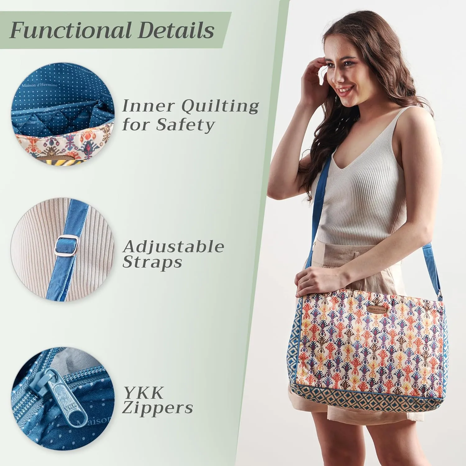 Maison d' Hermine Hand Bag Cotton Adjustable Shoulder Strap Cross Body Bag Tote purse with Zippered & Slip Pockets