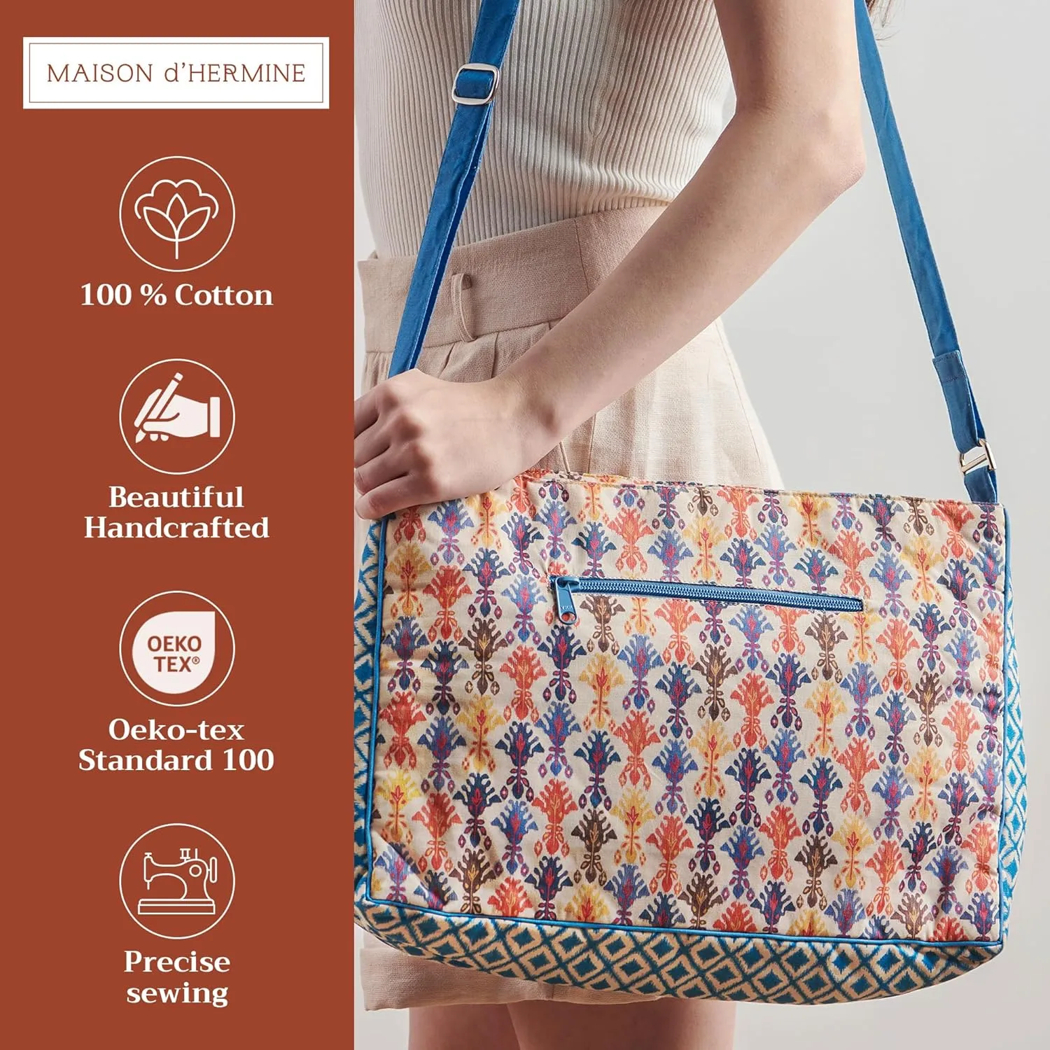 Maison d' Hermine Hand Bag Cotton Adjustable Shoulder Strap Cross Body Bag Tote purse with Zippered & Slip Pockets