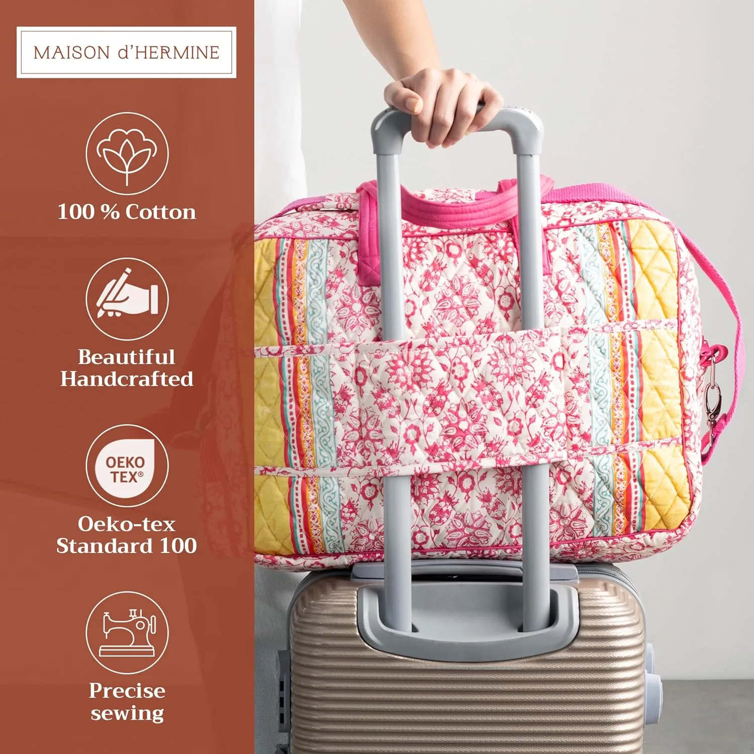 Maison d' Hermine Weekend Bag Cotton Quilted Duffel Overnight Luggage Weekender Gym Bag for Mothers Day Gifts Travel Men Women Business Travellers Family Trip, Katmandou - Fushia