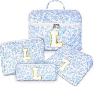 Makeup Bag, 4 Pcs Quilted Makeup Organizer Personalized Initial Gifts for Women Floral Make up Bag Cosmetic Bags Set Travel Toiletry Bag for Girlfriend Teen Girl Gifts Travel Essentials (Blue L)