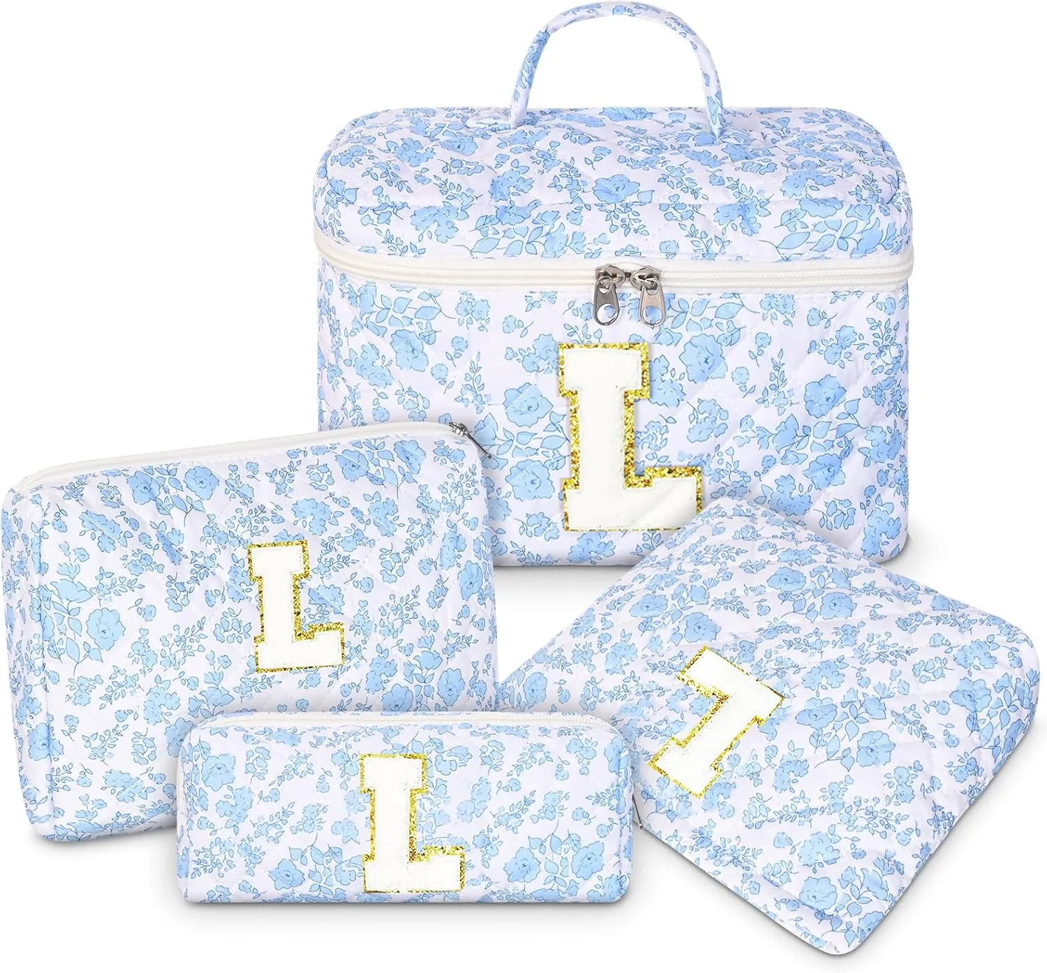 Makeup Bag, 4 Pcs Quilted Makeup Organizer Personalized Initial Gifts for Women Floral Make up Bag Cosmetic Bags Set Travel Toiletry Bag for Girlfriend Teen Girl Gifts Travel Essentials (Blue L)