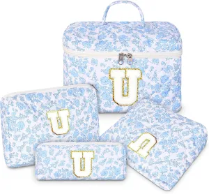 Makeup Bag, 4 Pcs Quilted Makeup Organizer Personalized Initial Gifts for Women Floral Make up Bag Cosmetic Bags Set Travel Toiletry Bag for Girlfriend Teen Girl Gifts Travel Essentials (Blue U)