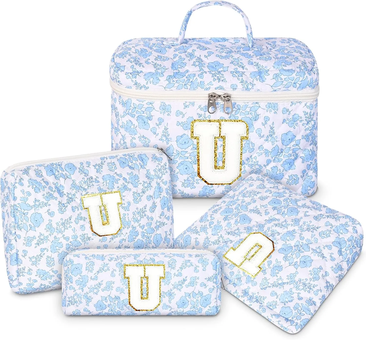 Makeup Bag, 4 Pcs Quilted Makeup Organizer Personalized Initial Gifts for Women Floral Make up Bag Cosmetic Bags Set Travel Toiletry Bag for Girlfriend Teen Girl Gifts Travel Essentials (Blue U)