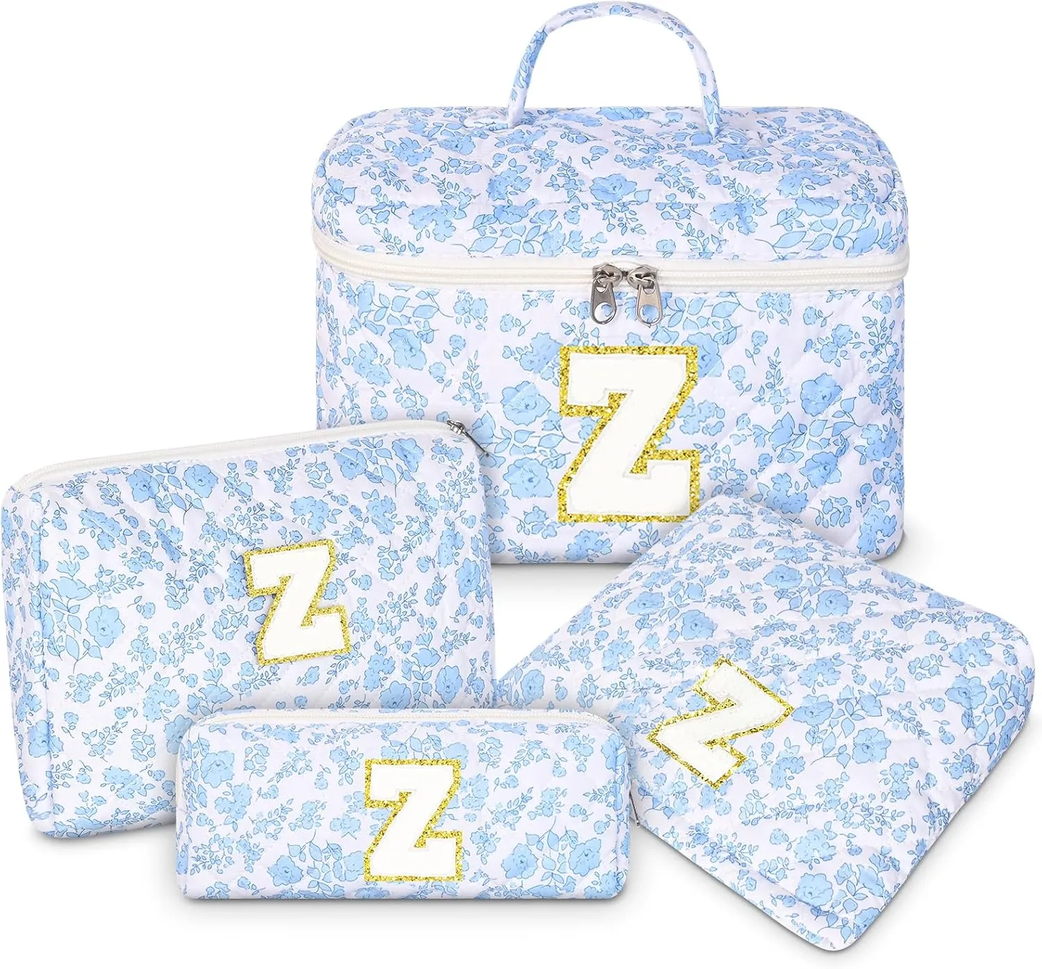Makeup Bag, 4 Pcs Quilted Makeup Organizer Personalized Initial Gifts for Women Floral Make up Bag Cosmetic Bags Set Travel Toiletry Bag for Girlfriend Teen Girl Gifts Travel Essentials (Blue Z)
