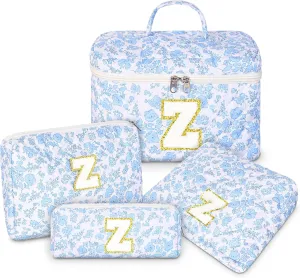 Makeup Bag, 4 Pcs Quilted Makeup Organizer Personalized Initial Gifts for Women Floral Make up Bag Cosmetic Bags Set Travel Toiletry Bag for Girlfriend Teen Girl Gifts Travel Essentials (Blue Z)