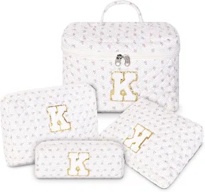Makeup Bag, 4 Pcs Quilted Makeup Organizer Personalized Initial Gifts for Women Floral Make up Bag Cosmetic Bags Set Travel Toiletry Bag for Girlfriend Teen Girl Gifts Travel Essentials (White K)