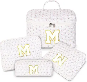 Makeup Bag, 4 Pcs Quilted Makeup Organizer Personalized Initial Gifts for Women Floral Make up Bag Cosmetic Bags Set Travel Toiletry Bag for Girlfriend Teen Girl Gifts Travel Essentials (White M)