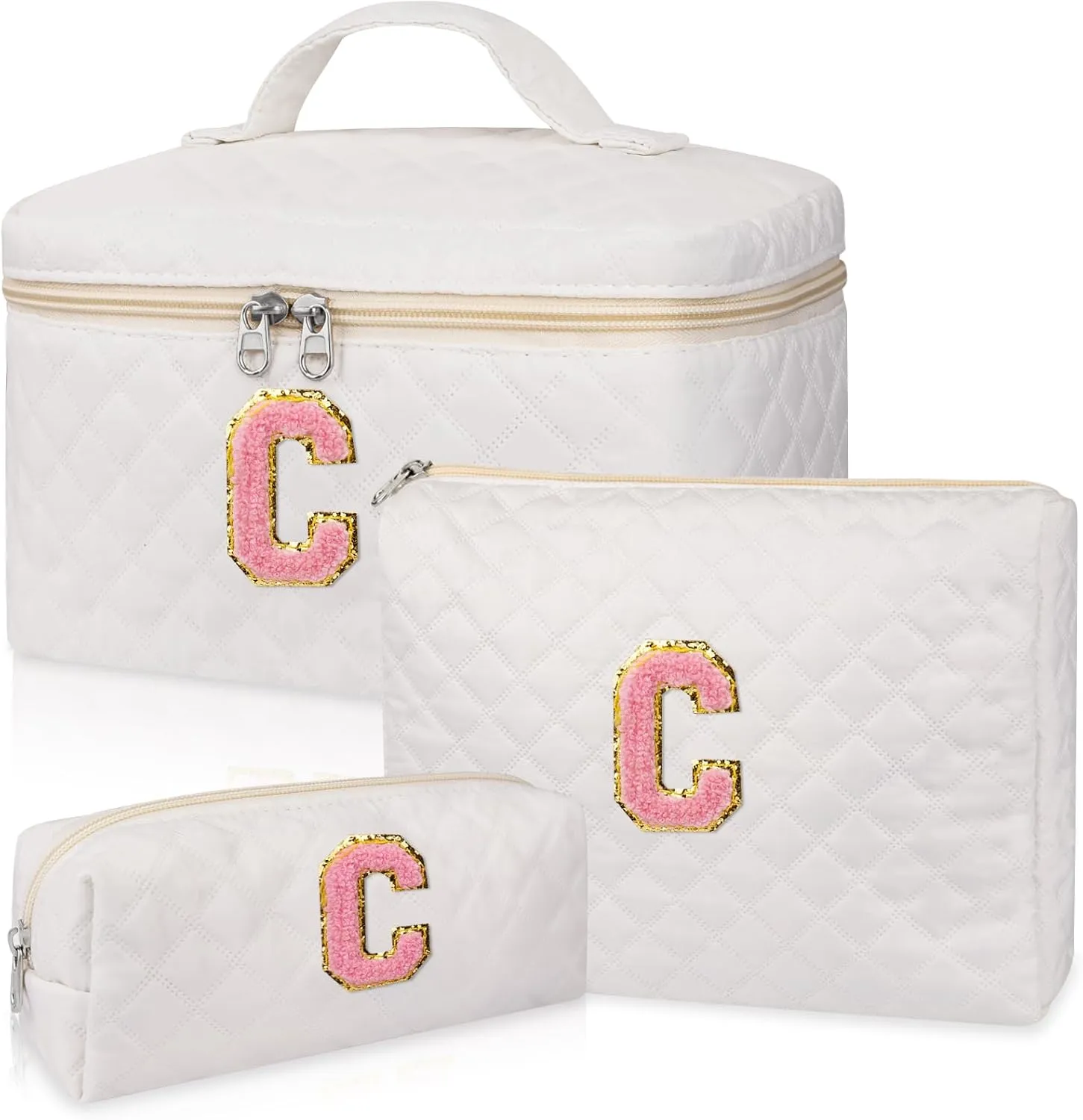 Makeup Bag, Quilted Make Up Bag,Large Initial Cosmetic Bag for Women, Cute Cotton Makeup Bags Set, Personalized Travel Toiletry Bag for Teen Girl Friend Sister Wife Girlfriend Gifts C